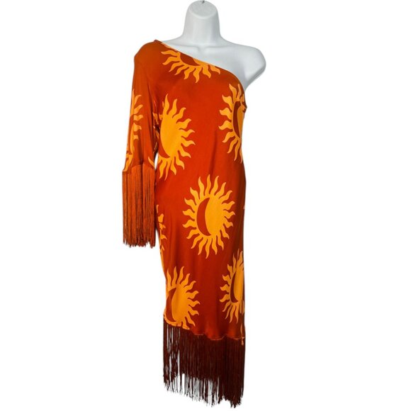 Farm Rio x Anthropologie One-Shoulder Fringe Dress Sun Crescent Moon Orange XS - Picture 7 of 16